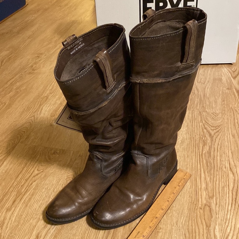 Charcoal/brownish color, size 6.5, 15” tall Frye boots. NWT.